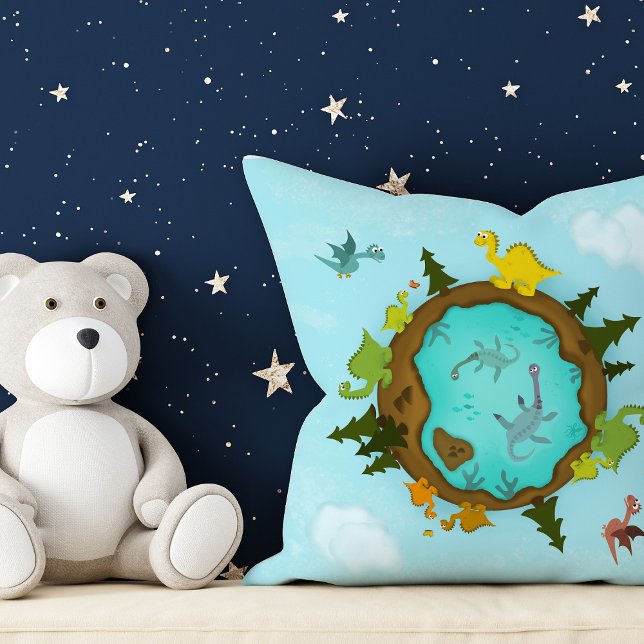 Cute Dino World Pillow Kudde (This cute 'Dino World' pillow is perfect to decorate your nursery or kid's bedroom.)