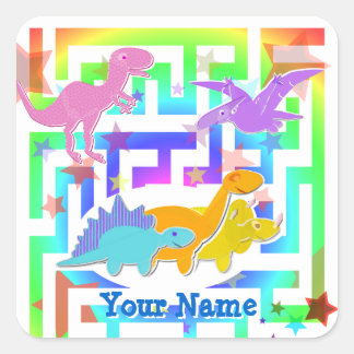 Cute Dinos in a färg Maze Name Stickers Fyrkantigt Klistermärke