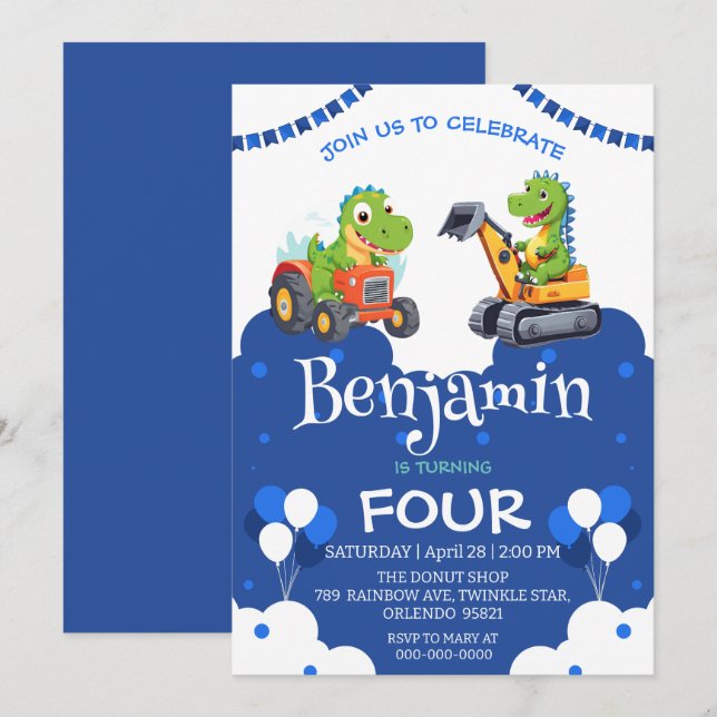 Cute dinosauer-traktor gräver lastbil-ballongen Bi (Fram/baksida)