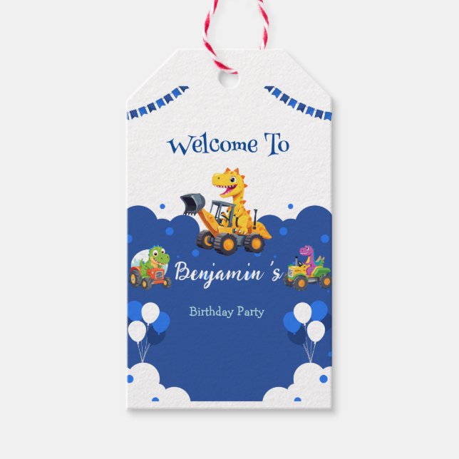 Cute dinosauer-traktor gräver lastbil-ballongen Bi Presentetikett (Framsidan)