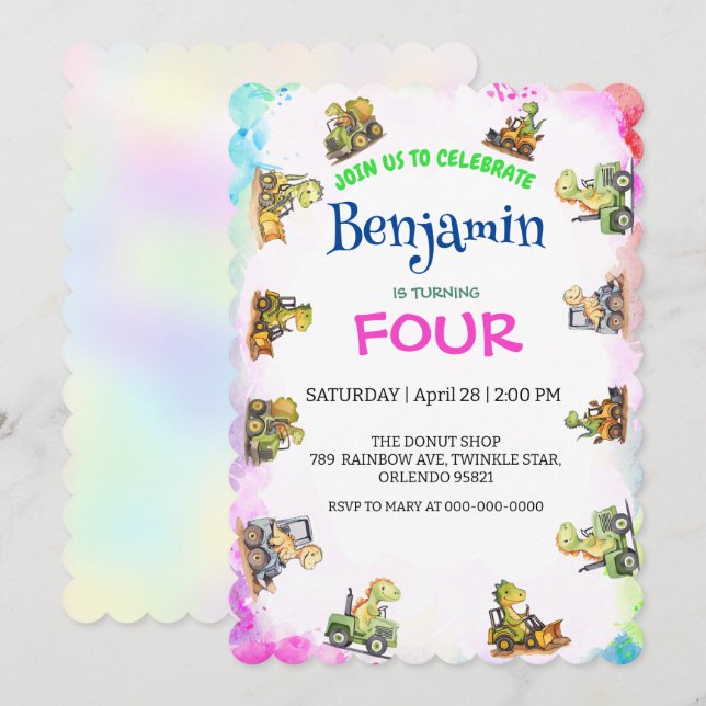 Cute dinosauer traktor Rainbow B2S School Birthday (Fram/baksida)