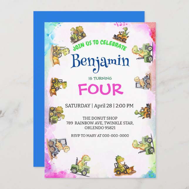 Cute dinosauer traktor Rainbow B2S School Birthday Inbjudningar (Fram/baksida)