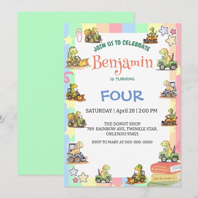 Cute dinosauer traktor Rainbow B2S School Birthday Inbjudningar (Fram/baksida)