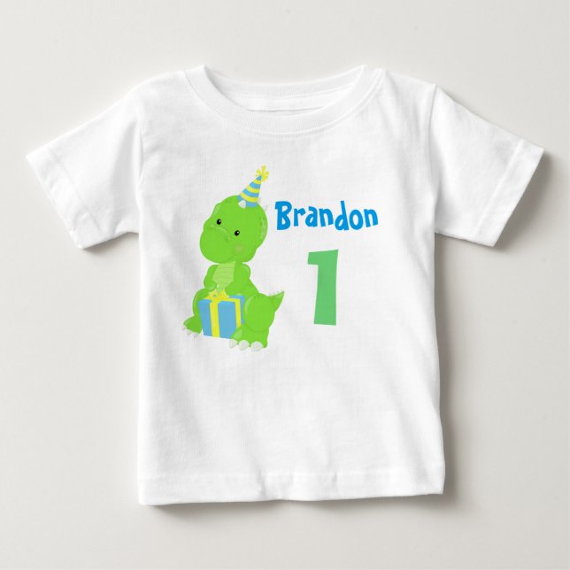 Cute Dinosaur 1:a födelsedag Blå Grönt Dino Boy T Shirt (Framsida)