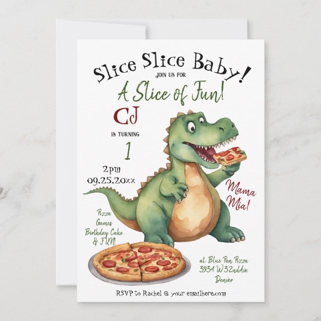 Cute Dinosaur 1:a födelsedagen Pizza Party Inbjudningar (Framsida)