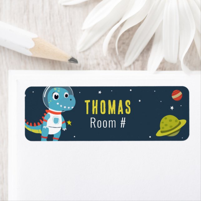 Cute dinosaur astronaut i Space Back to school Returadress Etikett (Insitu)