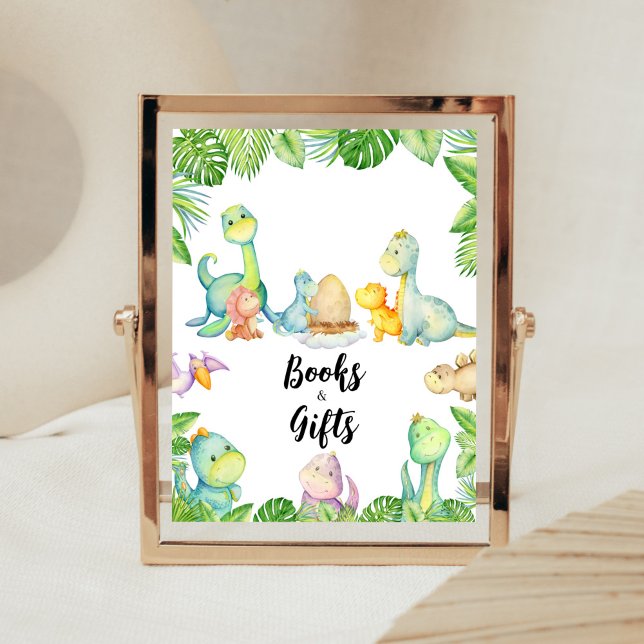 Cute Dinosaur Baby Shower Bokar och gåvor Poster (Greenery Dinosaur Baby Shower Books and Gifts Sign)