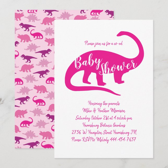Cute Dinosaur Baby Shower Brontosaurus Rosa Girl G Inbjudningar (Fram/baksida)