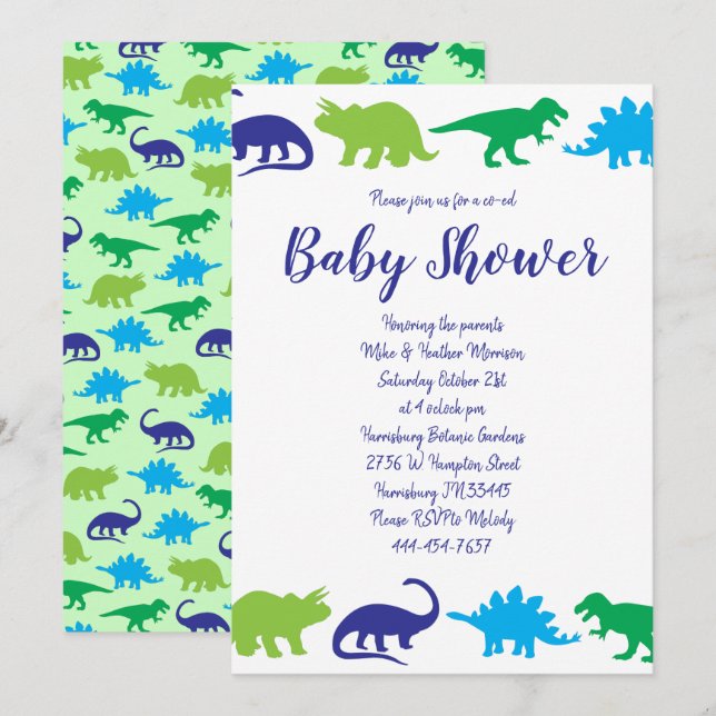Cute Dinosaur Baby Shower Dino Blue och Grönt Boy Inbjudningar (Fram/baksida)