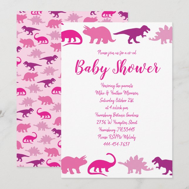 Cute Dinosaur Baby Shower Dino Rosa Girl Girl Inbjudningar (Fram/baksida)