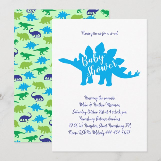 Cute Dinosaur Baby Shower Stegosaurus Blue Boy Inbjudningar (Fram/baksida)