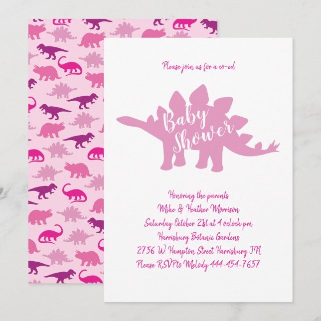 Cute Dinosaur Baby Shower Stegosaurus Rosa Girl Gi Inbjudningar (Fram/baksida)