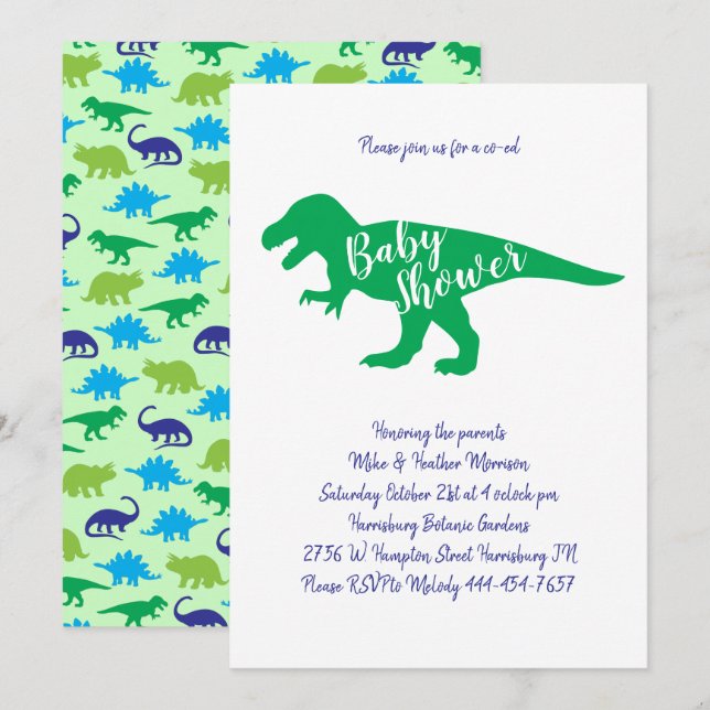 Cute Dinosaur Baby Shower T-Rex Dino Grönt Boy Inbjudningar (Fram/baksida)