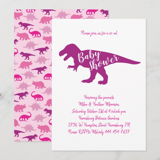 Cute Dinosaur Baby Shower T-Rex Dino Rosa Girl Gir Inbjudningar (Fram/baksida)