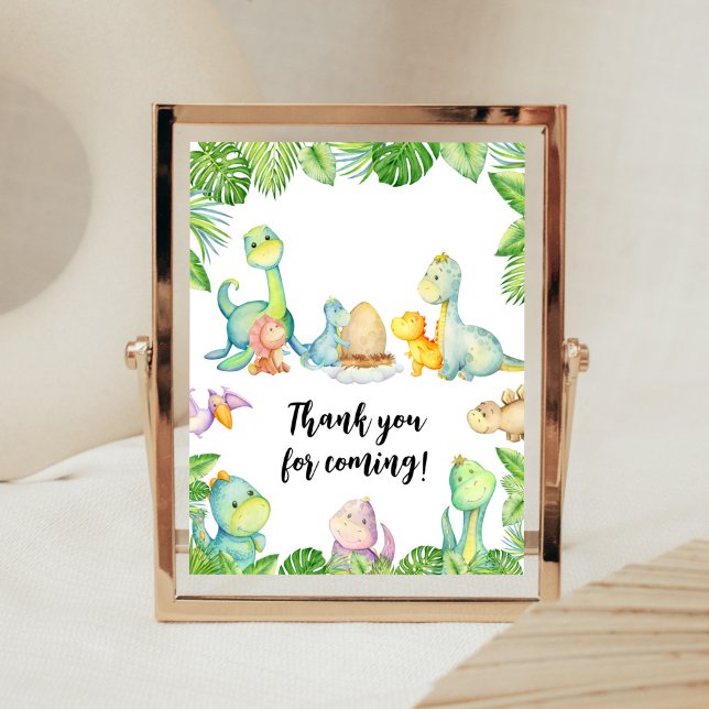 Cute Dinosaur Baby Shower-Tack för inkommande Poster (Greenery Dinosaur Baby Shower Thank You for Coming Sign)