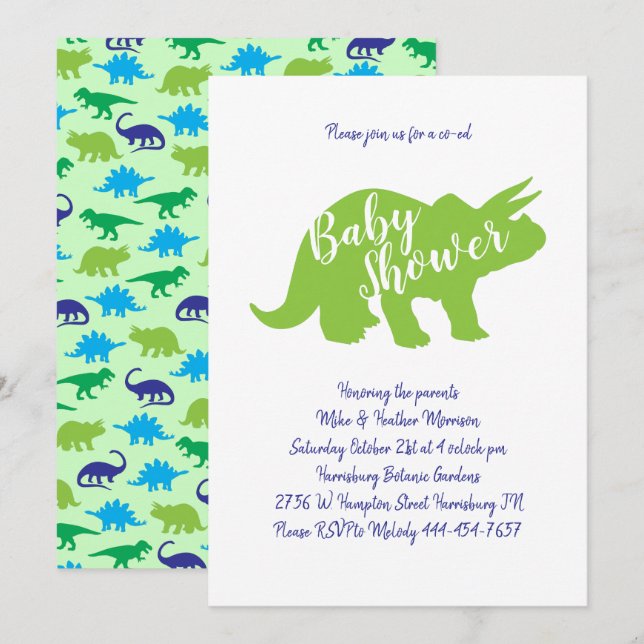 Cute Dinosaur Baby Shower Triceratops Blue Boy Inbjudningar (Fram/baksida)