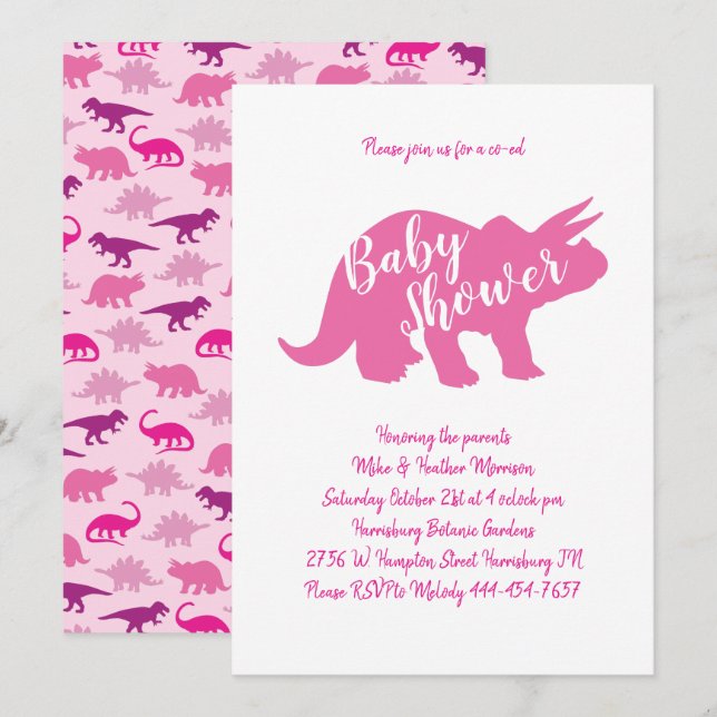 Cute Dinosaur Baby Shower Triceratops Rosa Girl Gi Inbjudningar (Fram/baksida)