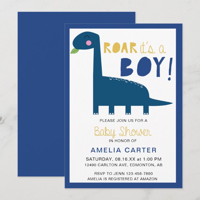 Cute Dinosaur babydusch Boy Blue Modern Inbjudningar (Fram/baksida)