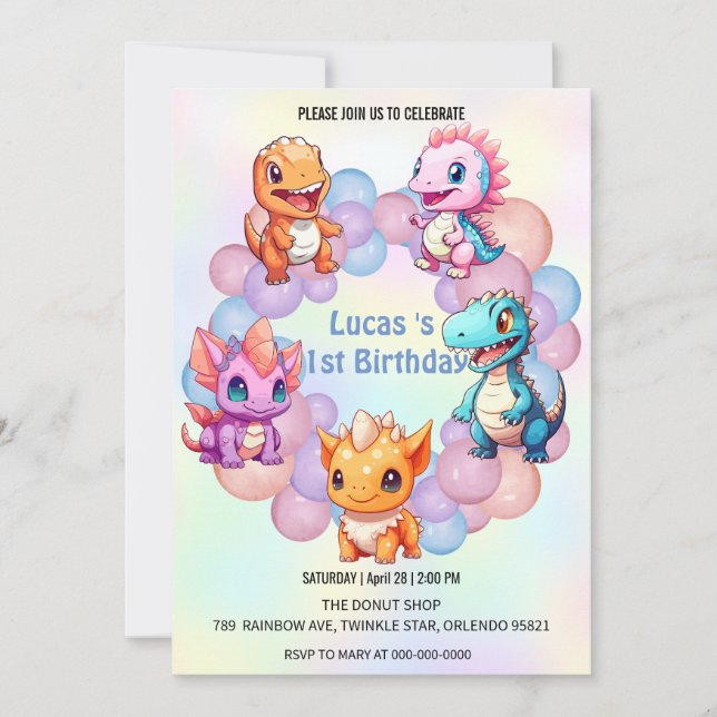 Cute dinosaur Balloon School barns födelsedag part Inbjudningar (Framsida)