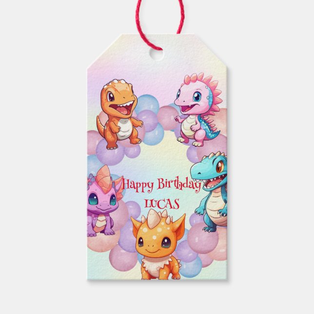 Cute dinosaur Balloon School barns födelsedag part Presentetikett (Framsidan)