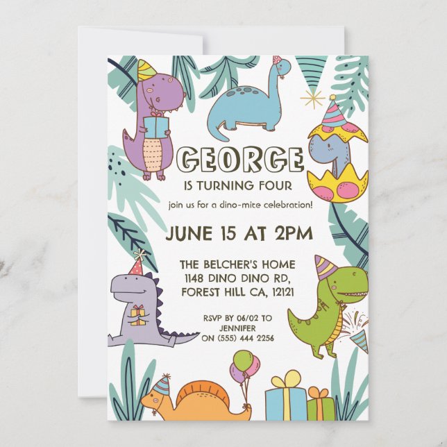 Cute Dinosaur Barns födelsedag Inbjudningar (Framsida)