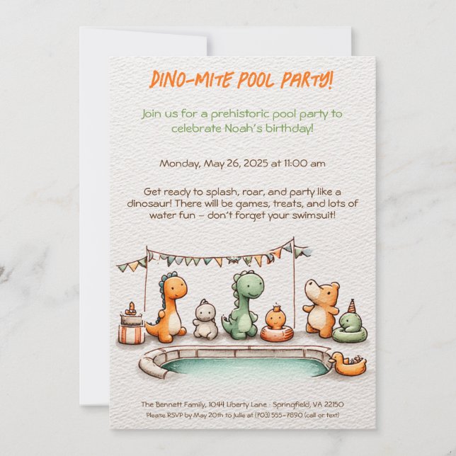 Cute Dinosaur Bassäng Party födelsedag Inbjudningar (Framsida)