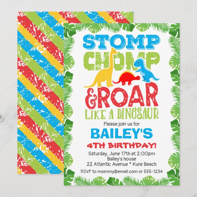 Cute Dinosaur Birthday Boy Colorour Inbjudningar (Fram/baksida)
