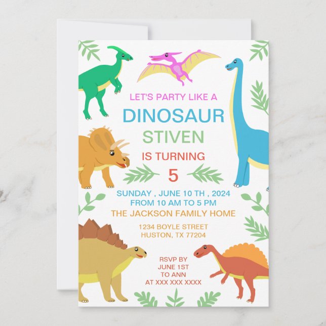 Cute Dinosaur Birthday Colorful Inbjudningar (Framsida)