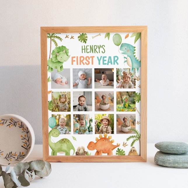 Cute Dinosaur Birthday First Year Photo Milestone Poster (Skapare uppladdad)