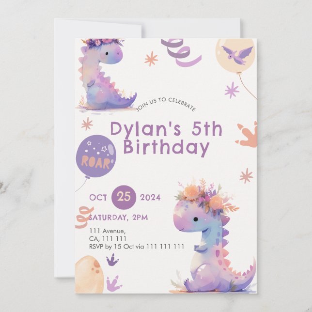 Cute Dinosaur Birthday-inbjudan Flicka Inbjudningar (Framsida)