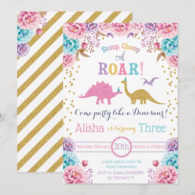 Cute Dinosaur Birthday-inbjudan till flicka Inbjudningar (Fram/baksida)
