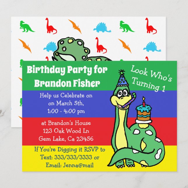 Cute Dinosaur Birthday-inbjudningar Inbjudningar (Fram/baksida)