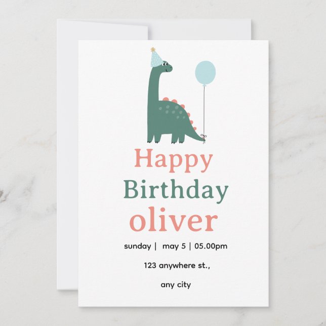 Cute Dinosaur Birthday Invitation for Kids, Inbjudningar (Framsida)
