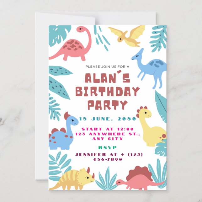 Cute Dinosaur Birthday Invitation Magnetisk Inbjudningskort (Framsida)