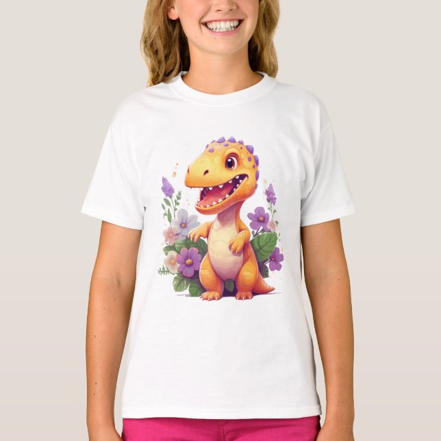 Cute Dinosaur Blommigt T-Shirt - Aditable Dino Äls (Framsida)