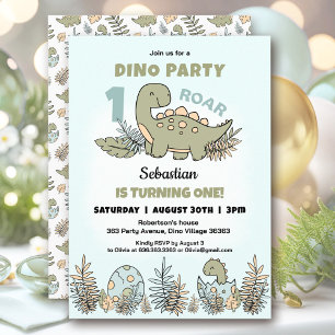 Cute Dinosaur Blue Grönt Boy 1st Birthday Inbjudningar