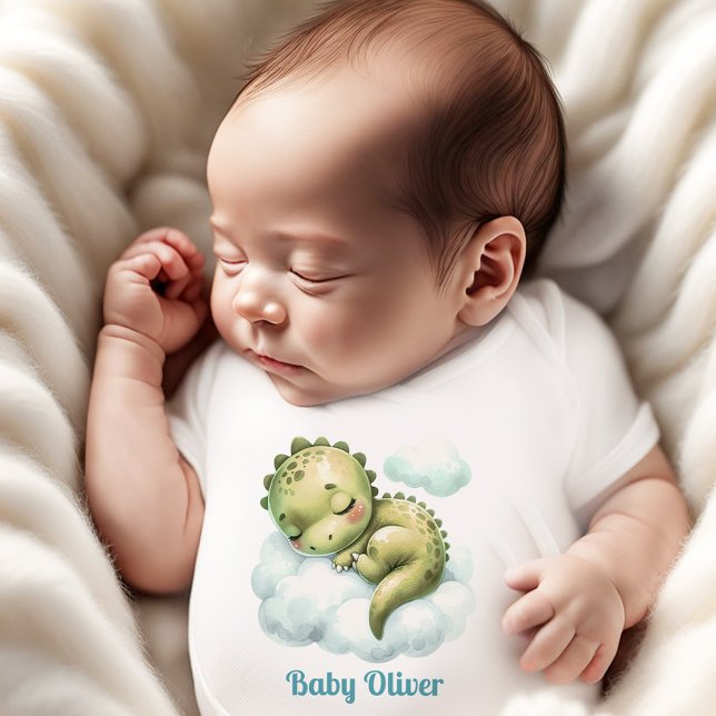 Cute Dinosaur Blue Grönt Namn Monogram Boy T Shirt (Cute Dinosaur Blue Green Name Monogram Boy Baby Bodysuit)