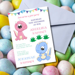 Cute Dinosaur Boy and Girl Joint Birthday Inbjudningar