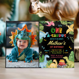Cute Dinosaur Boy One-A-Saurus 1:a födelsedagsfoto Inbjudningar