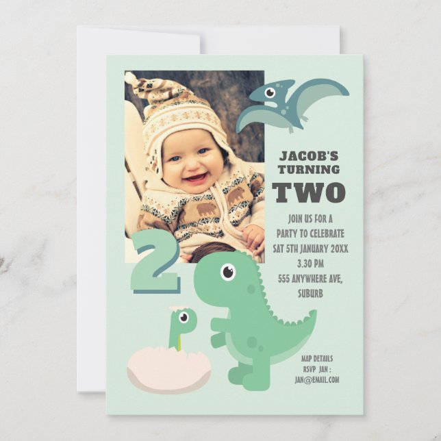 Cute Dinosaur Boys 2:a födelsedagsfoto Inbjudningar (Framsida)