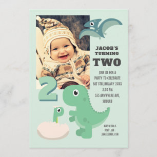 Cute Dinosaur Boys 2:a födelsedagsfoto Inbjudningar