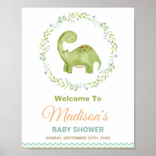 Cute Dinosaur Brontosaurus Boy Shower Välkommen Poster