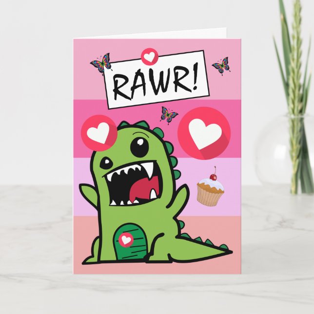Cute Dinosaur Butterfly Dino Mite Girls Birthday Kort (Framsida)