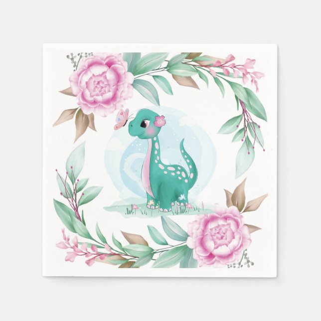 Cute Dinosaur Butterfly Rosa Peony Baby Shower Pappersservett (Framsidan)