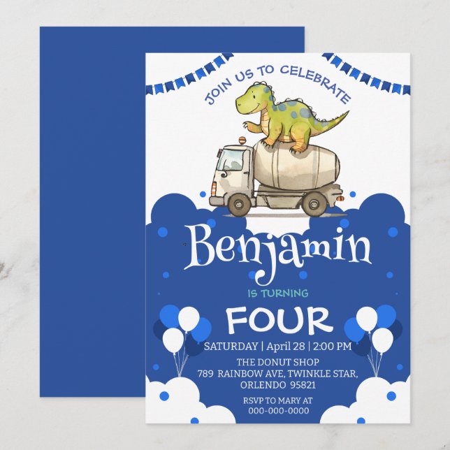 Cute dinosaur cement lastbil Balloon School Birthd (Fram/baksida)