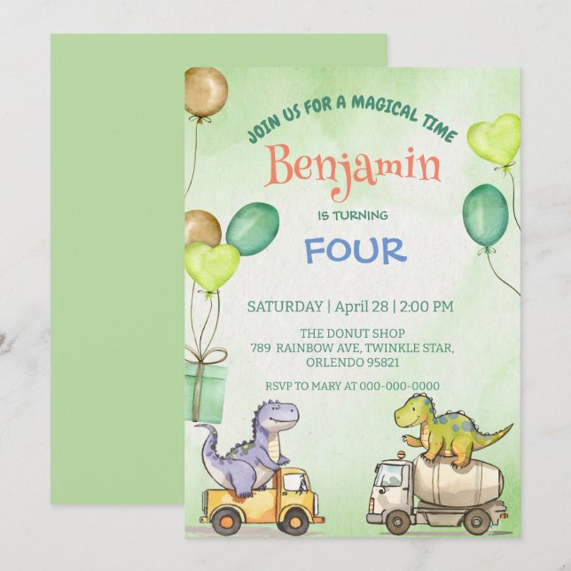Cute dinosaur cement lastbil Rainbow School Birthd Inbjudningar (Fram/baksida)