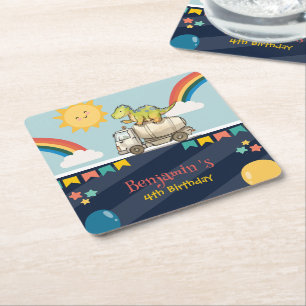 Cute dinosaur cement lastbil Rainbow School Birthd Underlägg Papper Kvadrat