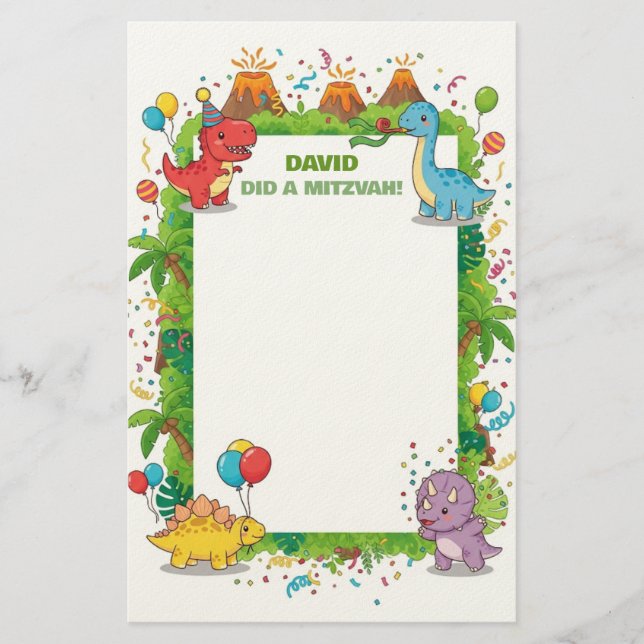 Cute Dinosaur Childrens eget namn Mitzvah Note Brevpapper (Framsida)