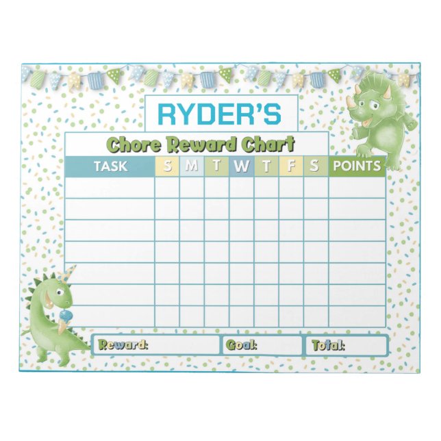Cute Dinosaur Chore Reward Chart Personlig Namn Anteckningsblock (Framsida)