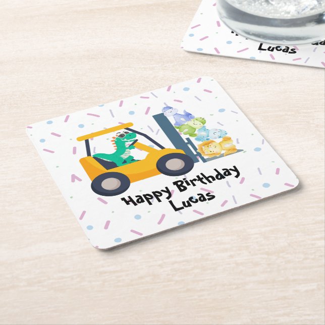Cute dinosaur Construction Lastbil boy B2S Birthda Underlägg Papper Kvadrat (Vinklad)